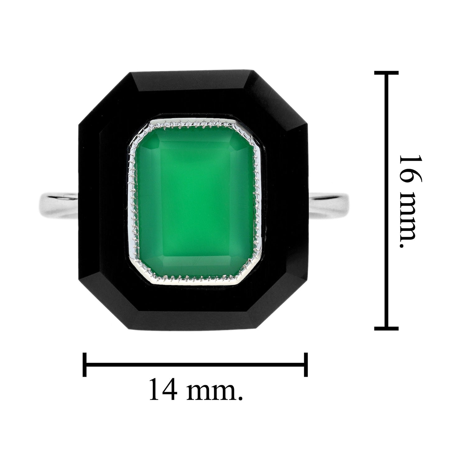 Green Agate &amp; Black Onyx Art Deco Style Hexagon Cocktail White Gold Ring