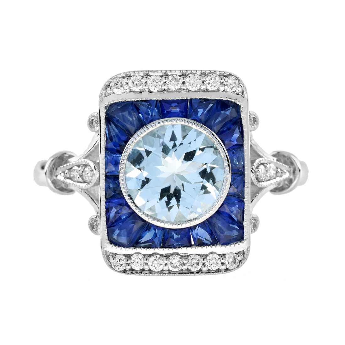 Round Blue Aquamarine Blue Sapphire Diamond Vintage Style White Gold Ring