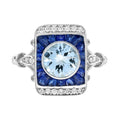 Round Blue Aquamarine Blue Sapphire Diamond Vintage Style White Gold Ring