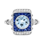Round Blue Aquamarine Blue Sapphire Diamond Vintage Style White Gold Ring