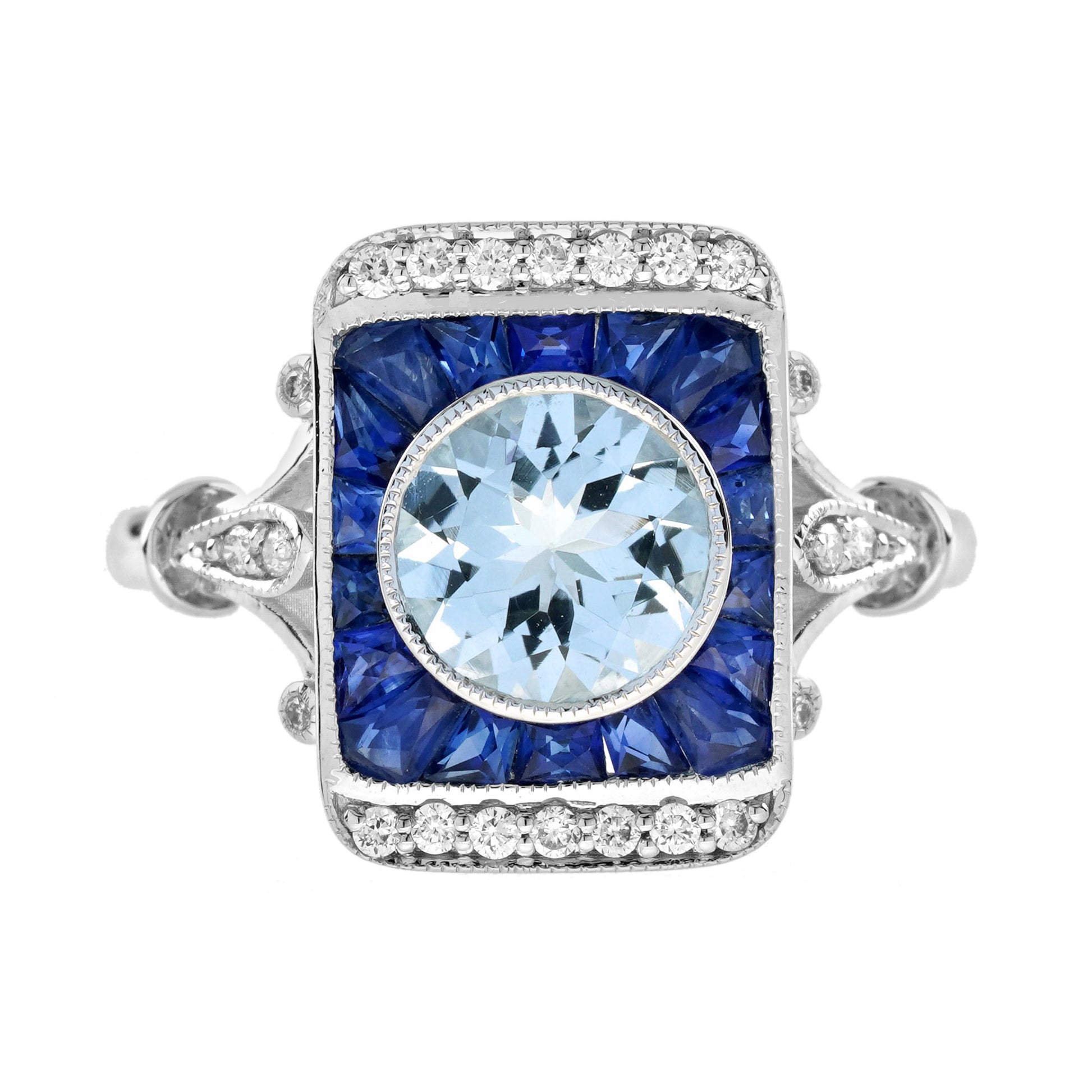Round Blue Aquamarine Blue Sapphire Diamond Vintage Style White Gold Ring