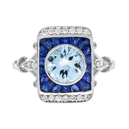 Round Blue Aquamarine Blue Sapphire Diamond Vintage Style White Gold Ring