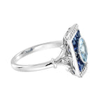 Round Blue Aquamarine Blue Sapphire Diamond Vintage Style White Gold Ring