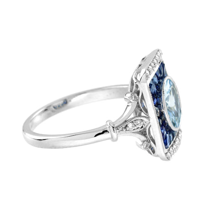 Round Blue Aquamarine Blue Sapphire Diamond Vintage Style White Gold Ring