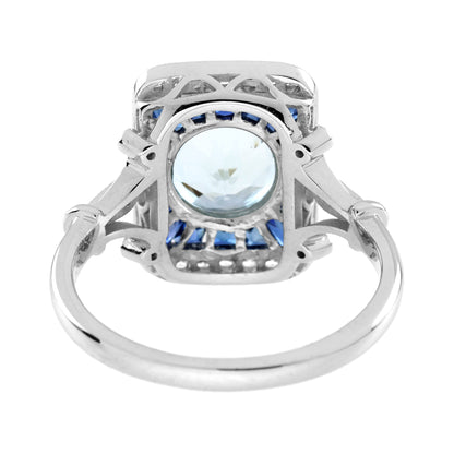 Round Blue Aquamarine Blue Sapphire Diamond Vintage Style White Gold Ring