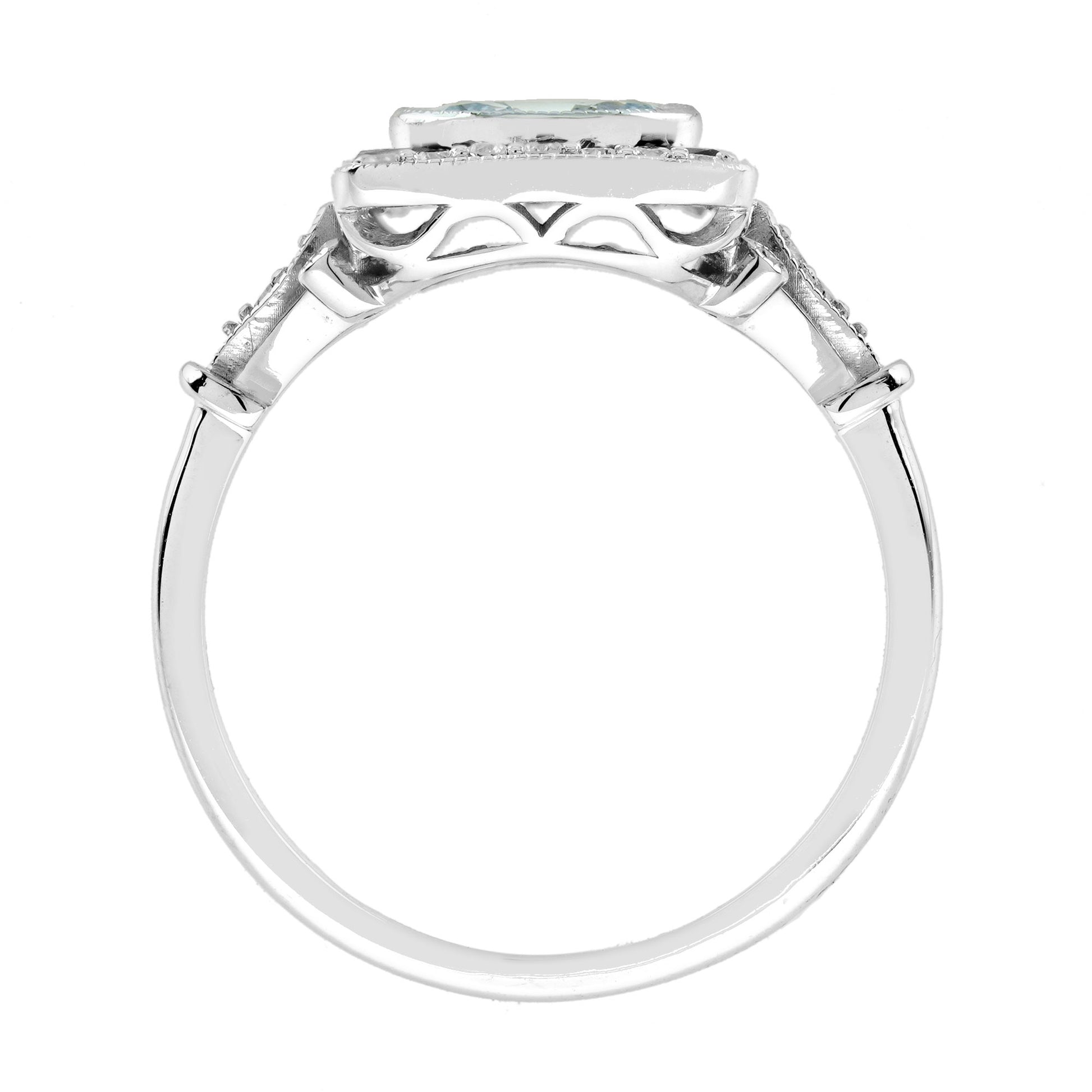 Round Blue Aquamarine Blue Sapphire Diamond Vintage Style White Gold Ring