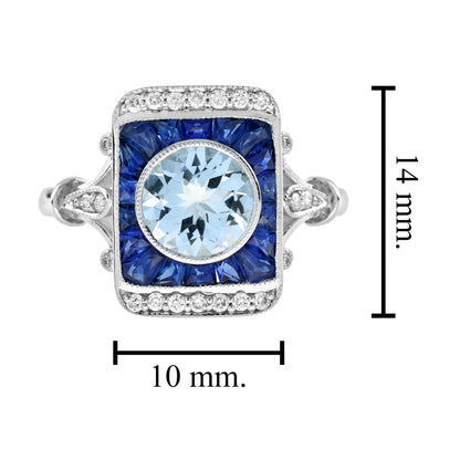 Round Blue Aquamarine Blue Sapphire Diamond Vintage Style White Gold Ring
