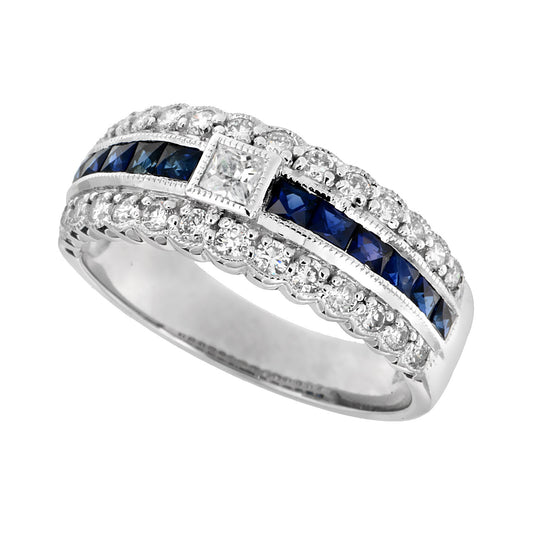 Art Deco Style Diamond & Blue Sapphire Multiple Row Eternity 14K White Gold Ring