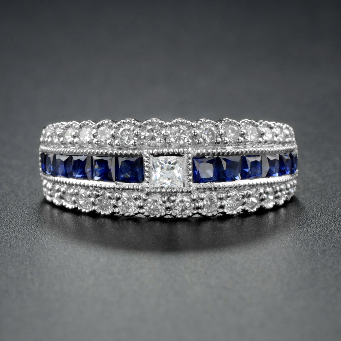 Art Deco Style Diamond &amp; Blue Sapphire Multiple Row Eternity 14K White Gold Ring