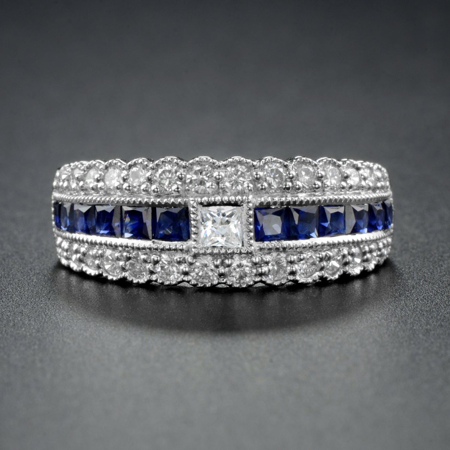 Art Deco Style Diamond &amp; Blue Sapphire Multiple Row Eternity 14K White Gold Ring