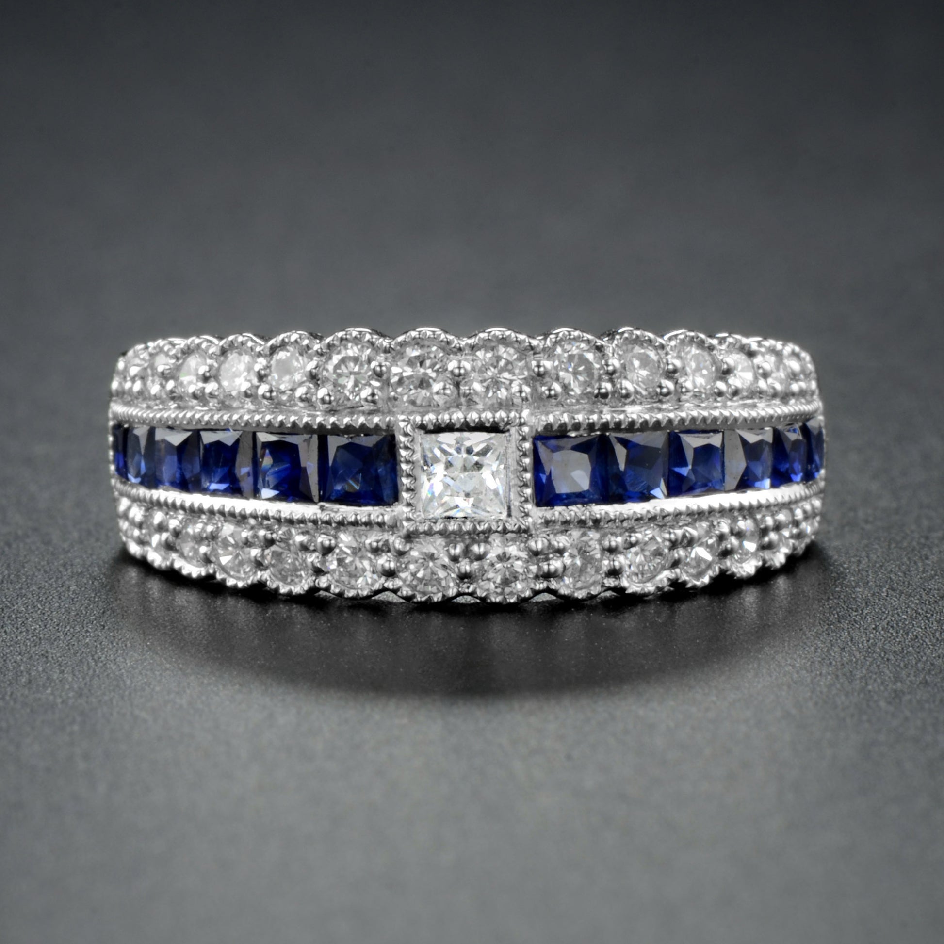 Art Deco Style Diamond & Blue Sapphire Multiple Row Eternity 14K White Gold Ring