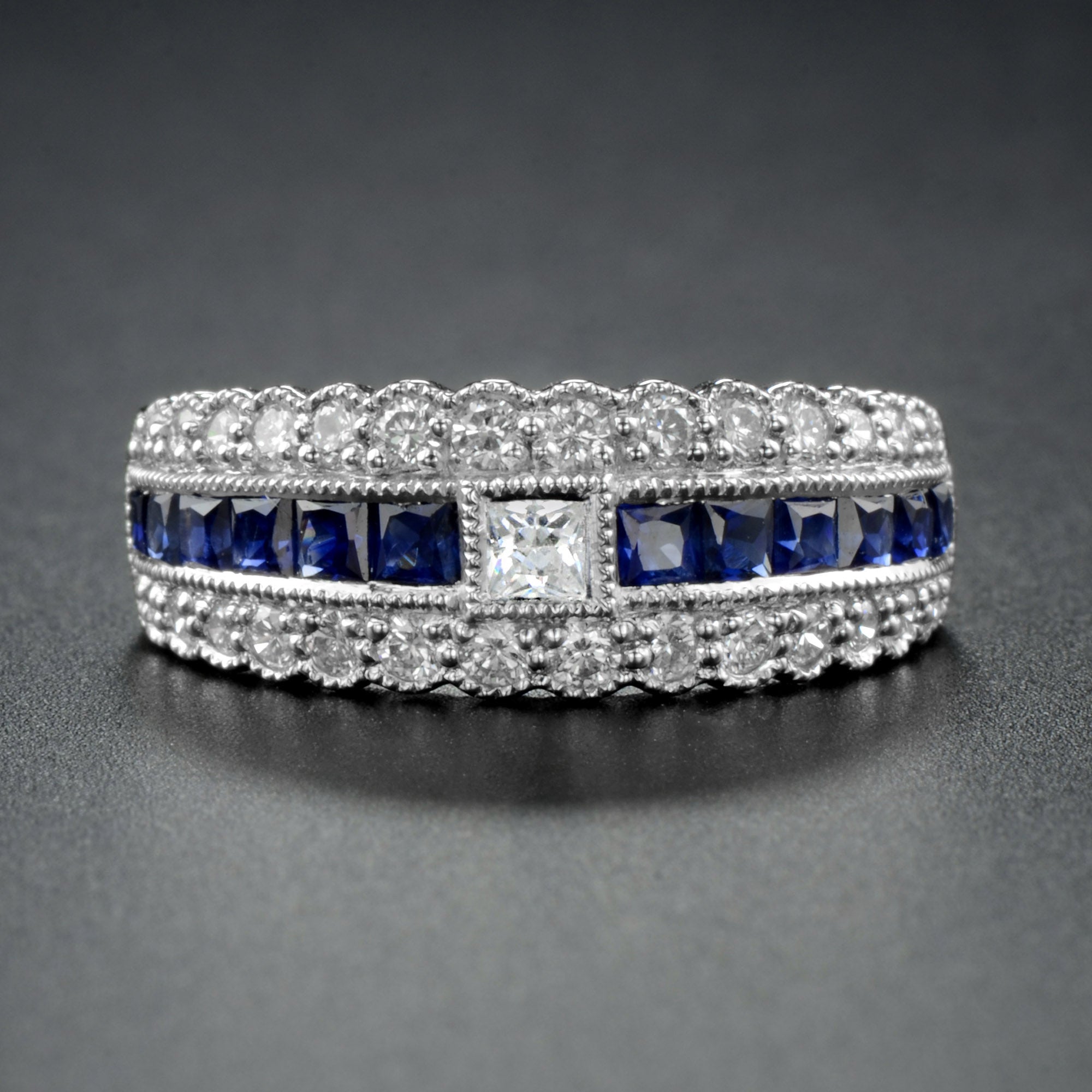 Art Deco Style Diamond &amp; Blue Sapphire Multiple Row Eternity 14K White Gold Ring