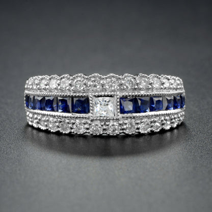 Art Deco Style Diamond & Blue Sapphire Multiple Row Eternity 14K White Gold Ring