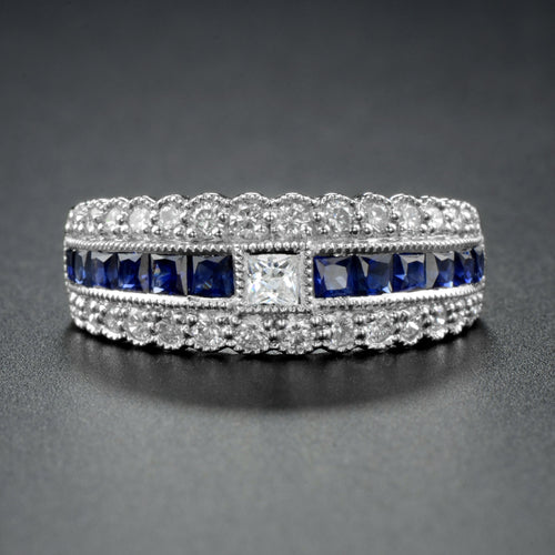 Art Deco Style Diamond & Blue Sapphire Multiple Row Eternity 14K White Gold Ring