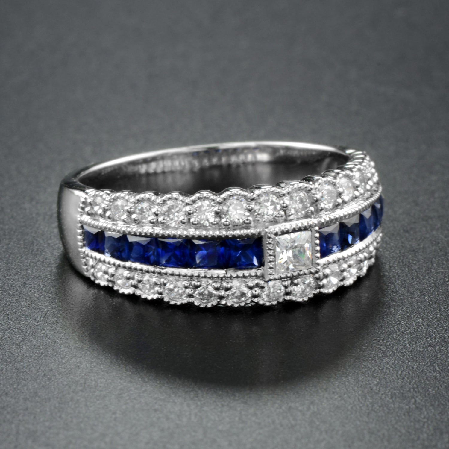 Art Deco Style Diamond &amp; Blue Sapphire Multiple Row Eternity 14K White Gold Ring