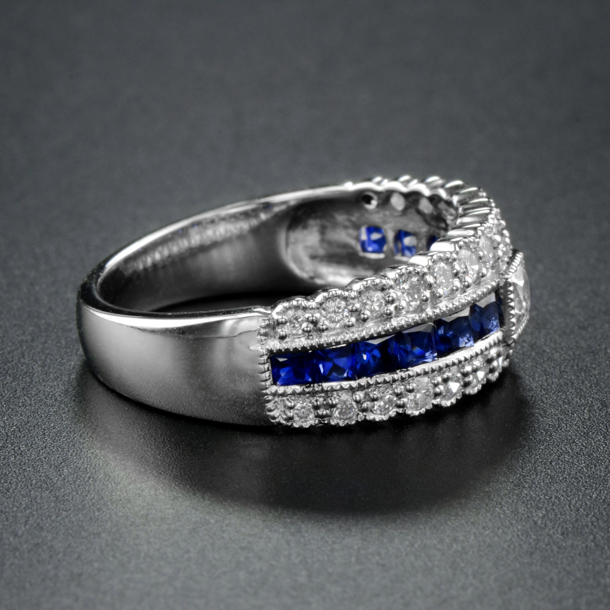 Art Deco Style Diamond &amp; Blue Sapphire Multiple Row Eternity 14K White Gold Ring