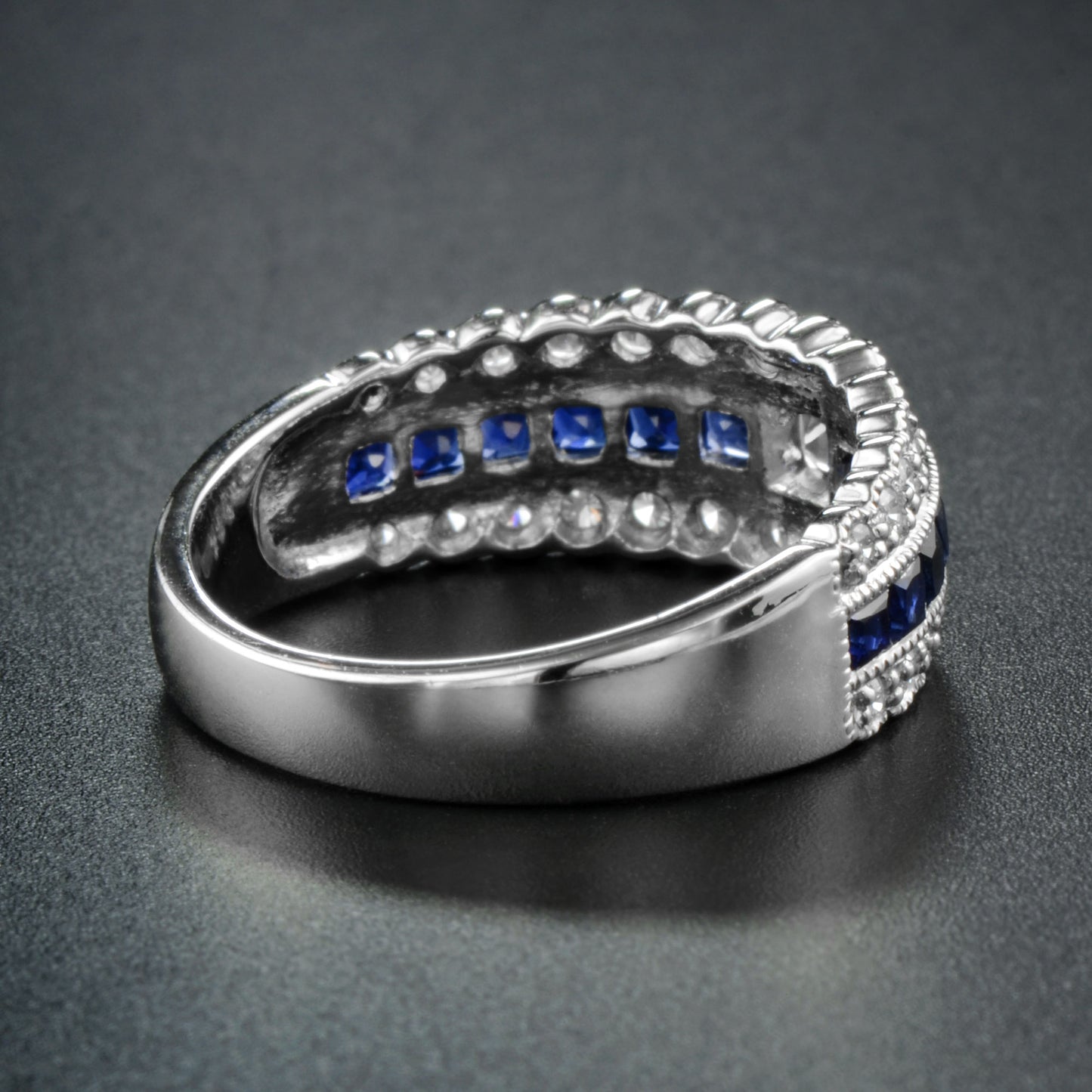 art deco style diamond & blue sapphire multiple row eternity 14k white gold ring