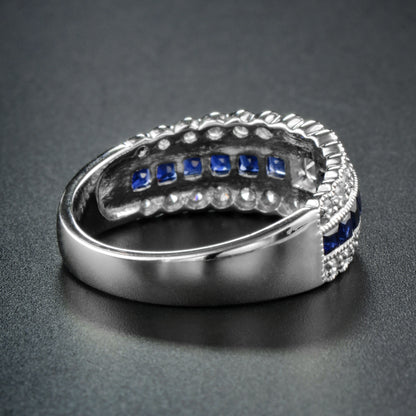 Art Deco Style Diamond & Blue Sapphire Multiple Row Eternity 14K White Gold Ring