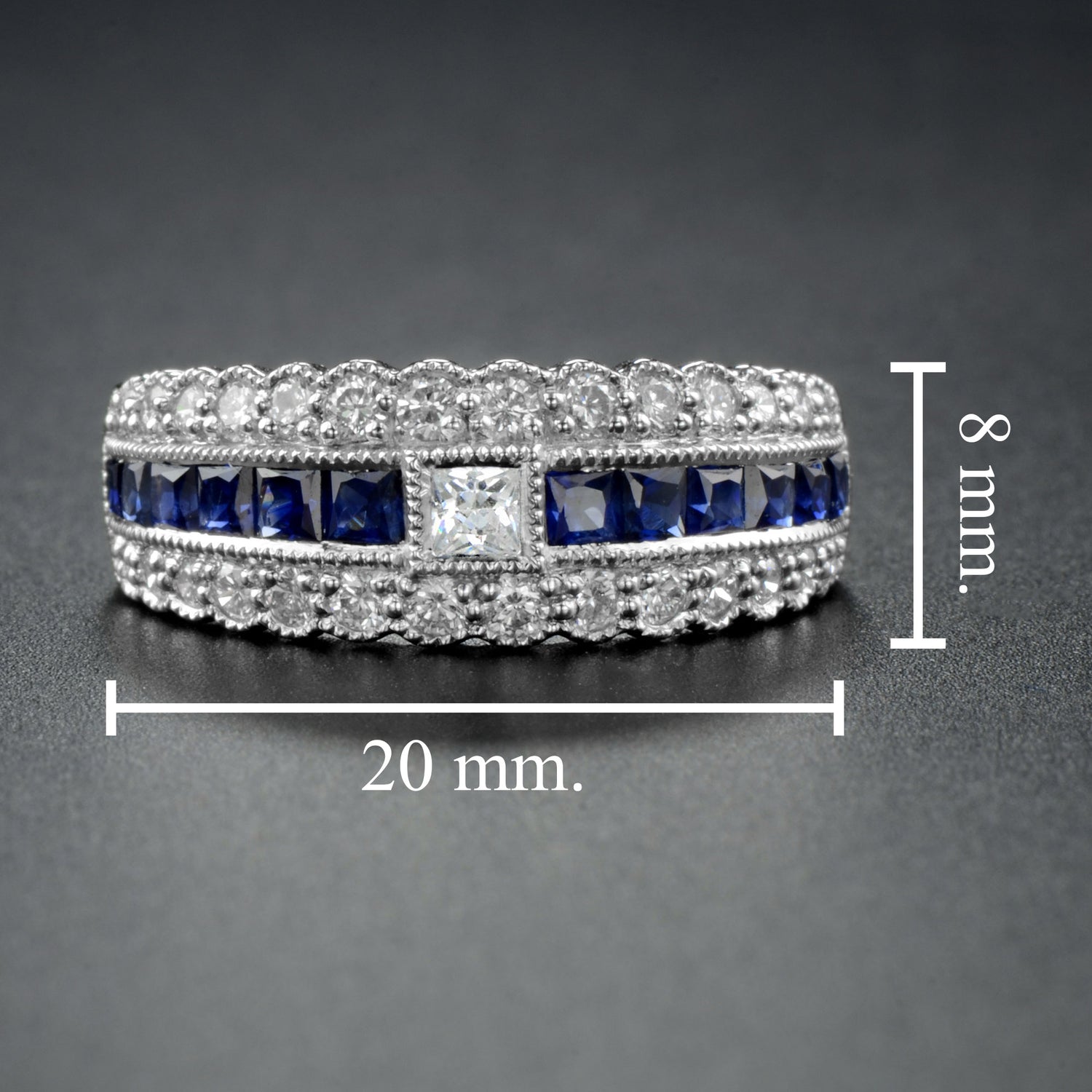 Art Deco Style Diamond &amp; Blue Sapphire Multiple Row Eternity 14K White Gold Ring