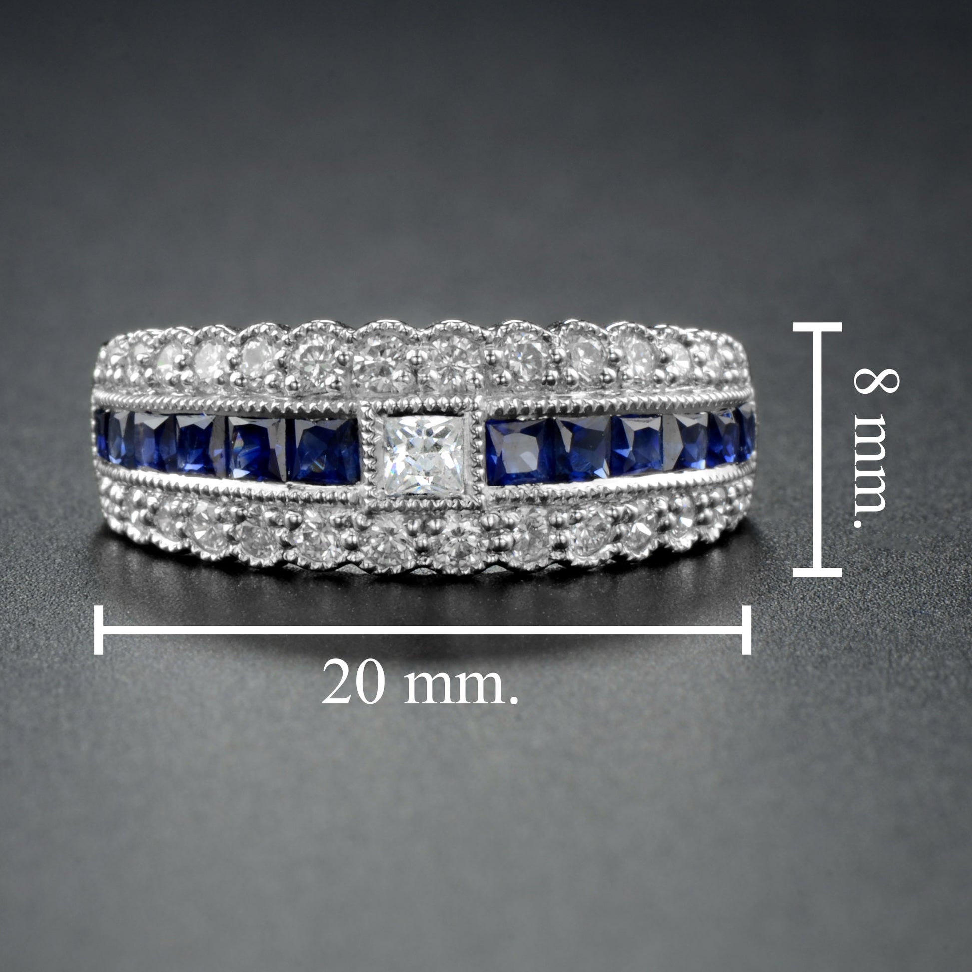 Art Deco Style Diamond & Blue Sapphire Multiple Row Eternity 14K White Gold Ring