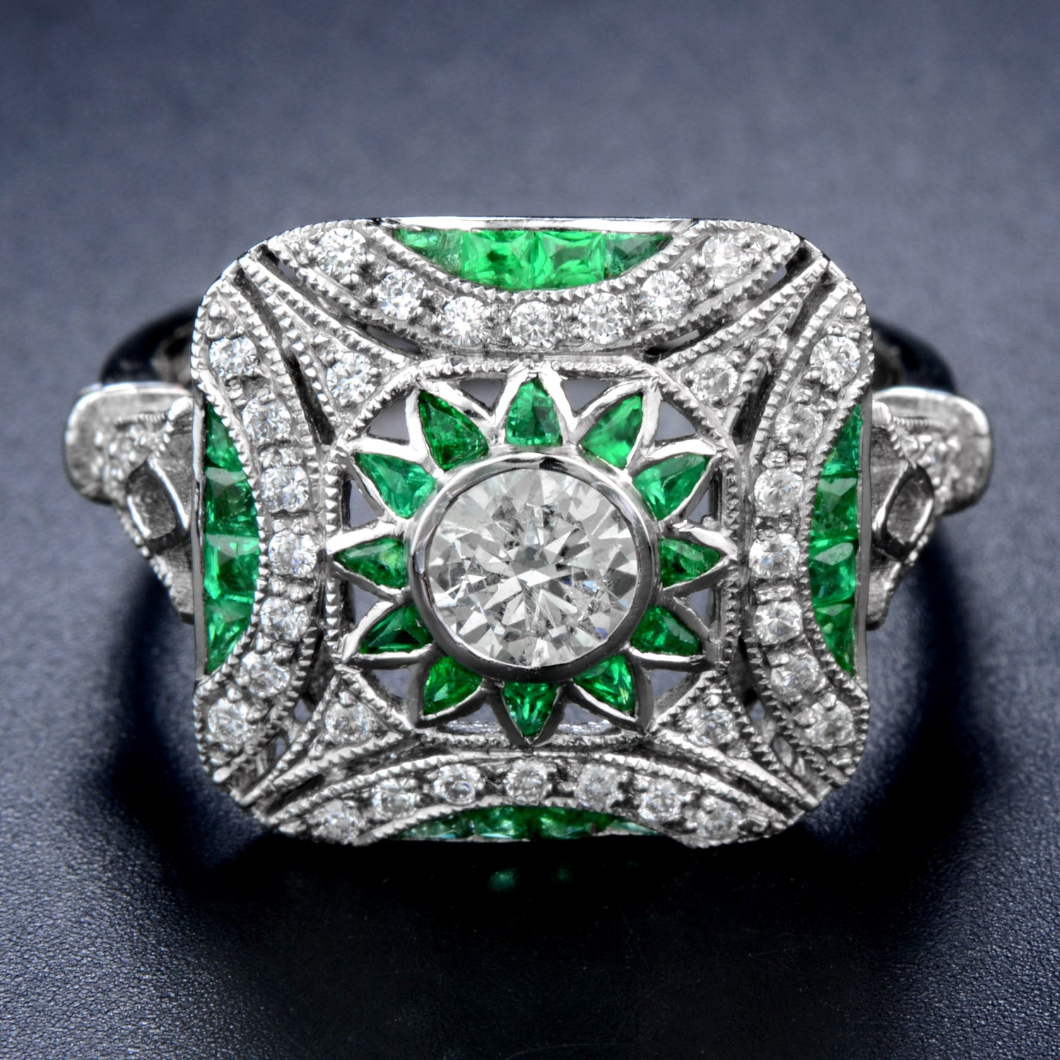 Diamond &amp; Green Emerald Art Deco Style Engagement White Platinum Ring