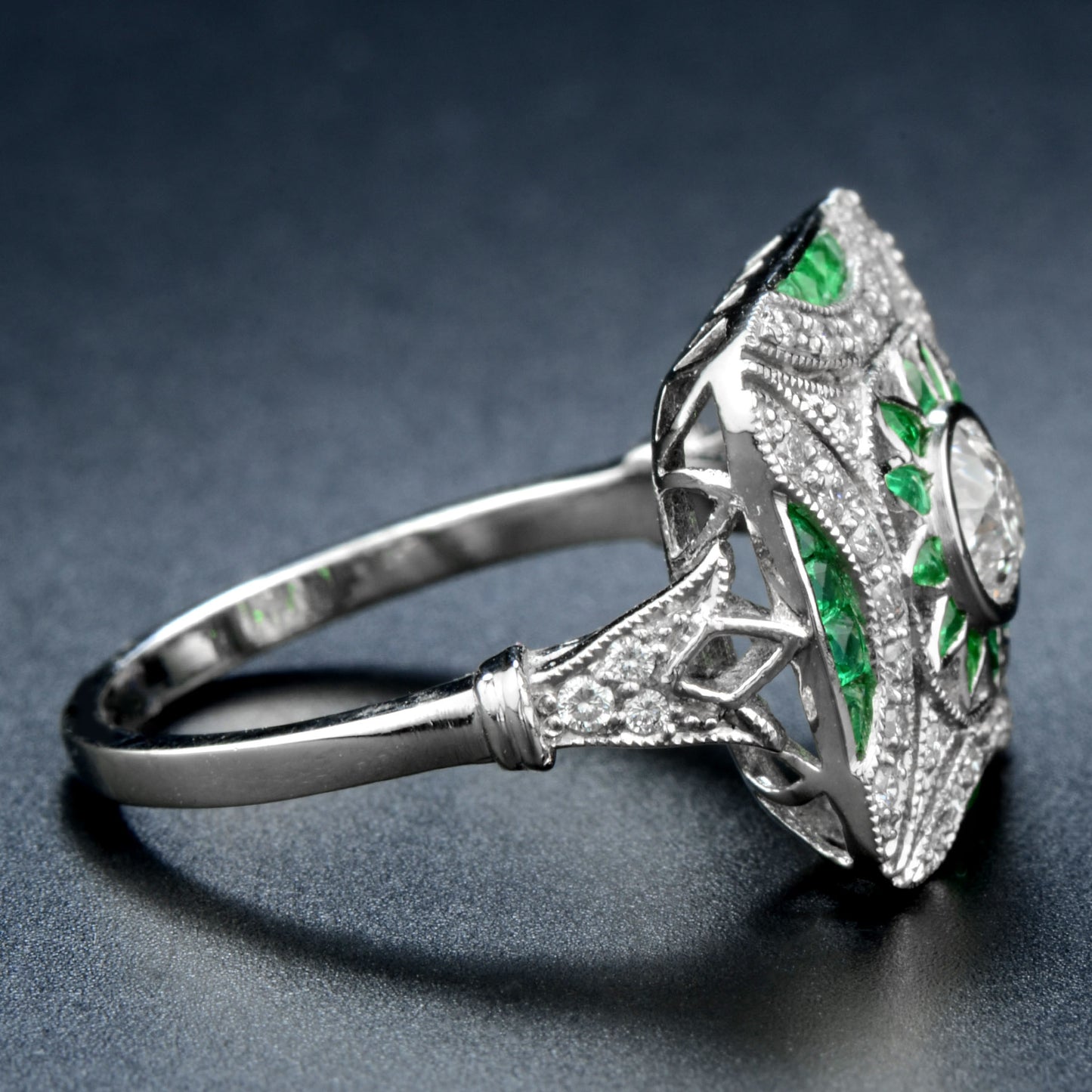 diamond & green emerald art deco style engagement white platinum ring