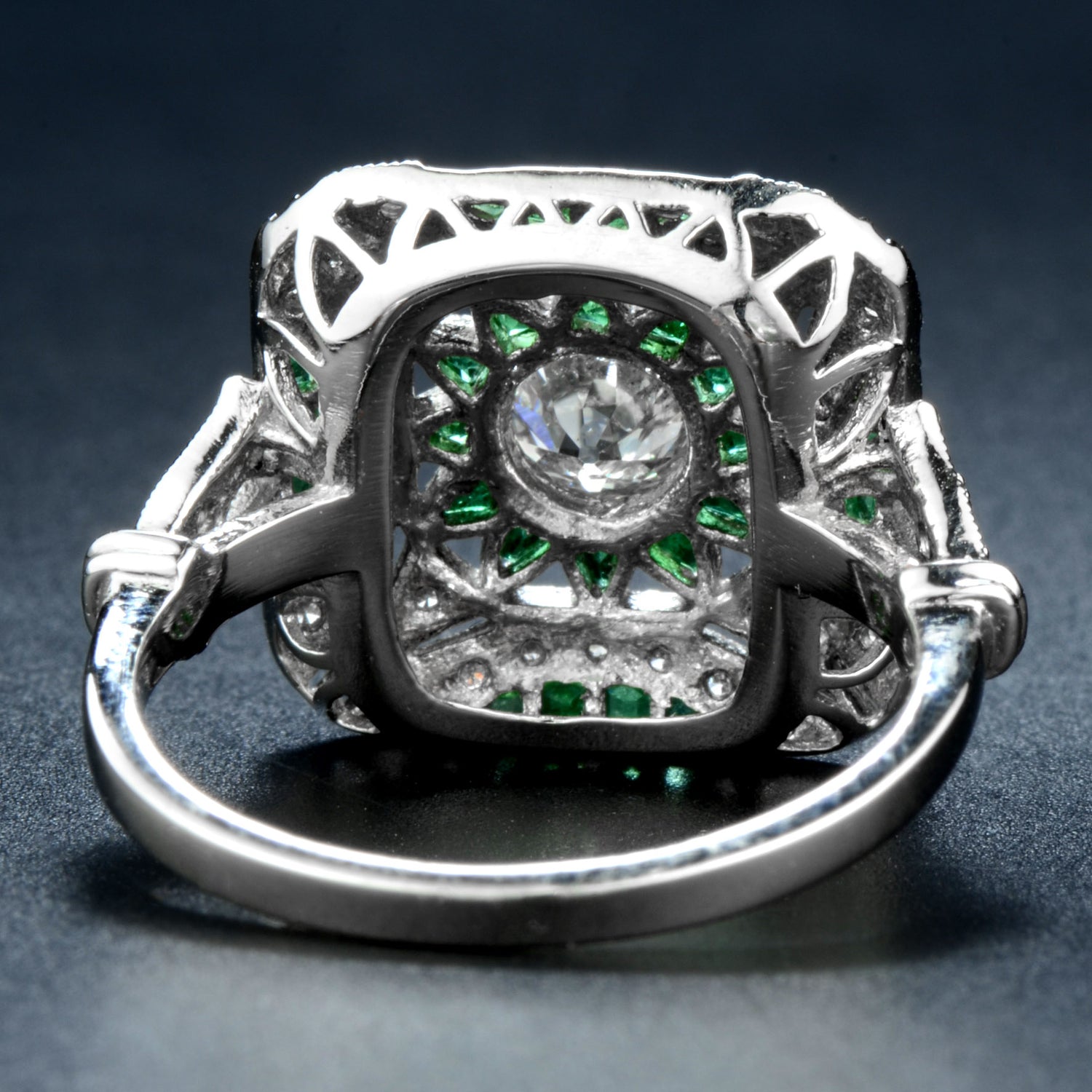Diamond &amp; Green Emerald Art Deco Style Engagement White Platinum Ring