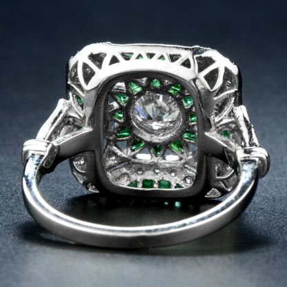Diamond & Green Emerald Art Deco Style Engagement White Platinum Ring
