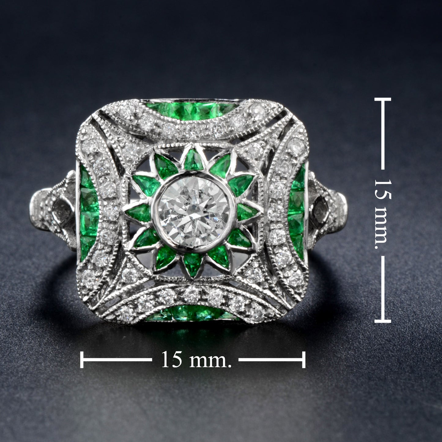 diamond & green emerald art deco style engagement white platinum ring