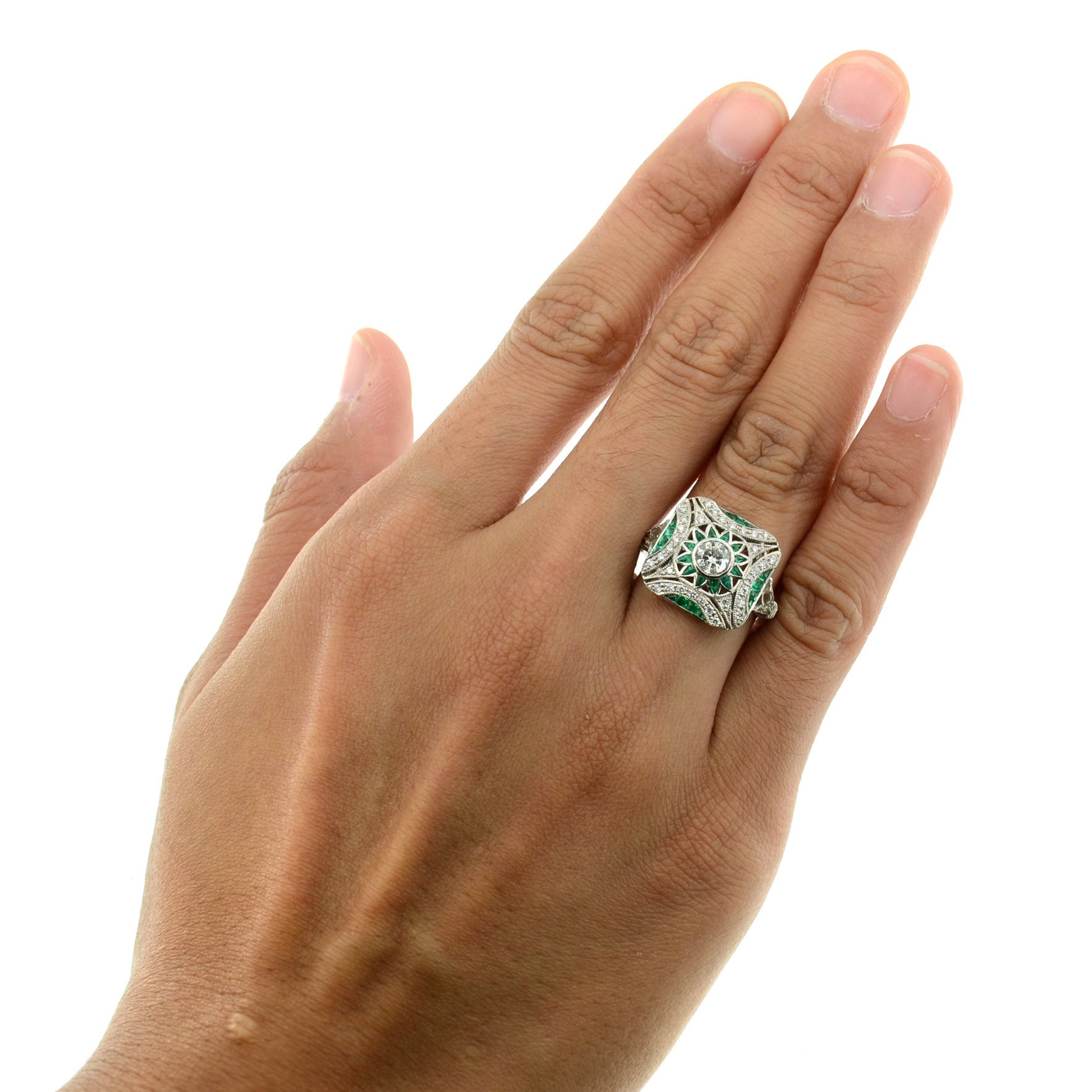 Diamond & Green Emerald Art Deco Style Engagement White Platinum Ring