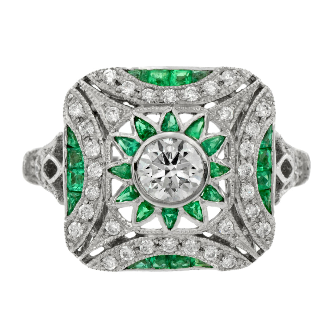 Diamond & Green Emerald Art Deco Style Engagement White Platinum Ring