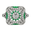 2.77 карат өлшемді Art Deco стиліндегі жасыл изумруд және гауһар тасты платина сақинасы
