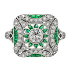 2.77 карат өлшемді Art Deco стиліндегі жасыл изумруд және гауһар тасты платина сақинасы