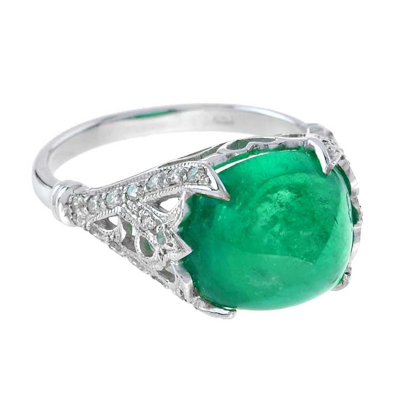 Sugarloaf Colombian Green Emerald &amp; Diamond Cocktail 14K White Gold Ring