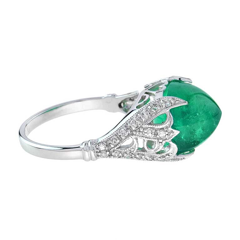 Sugarloaf Colombian Green Emerald & Diamond Cocktail 14K White Gold Ring