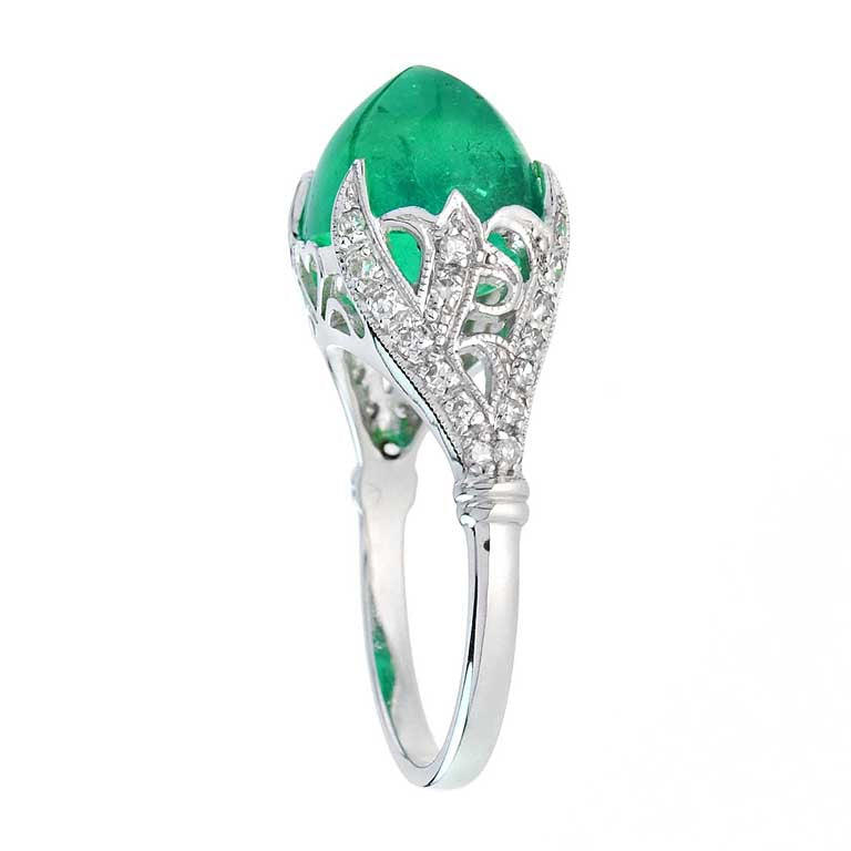 Sugarloaf Colombian Green Emerald &amp; Diamond Cocktail 14K White Gold Ring