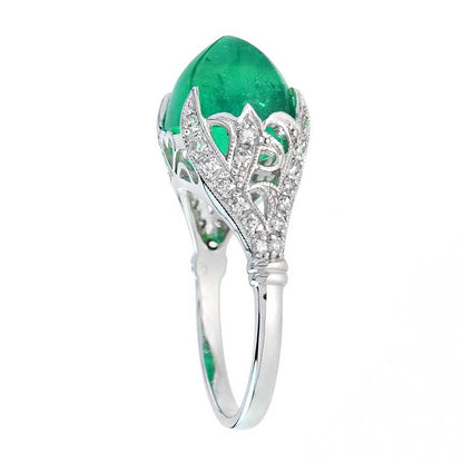 Sugarloaf Colombian Green Emerald &amp; Diamond Cocktail 14K White Gold Ring