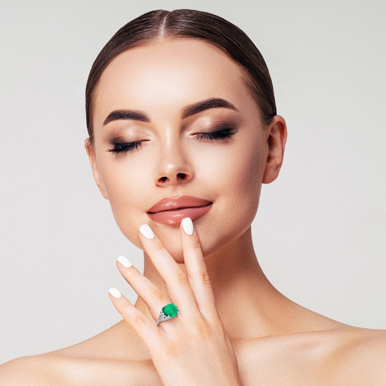 Sugarloaf Colombian Green Emerald &amp; Diamond Cocktail 14K White Gold Ring