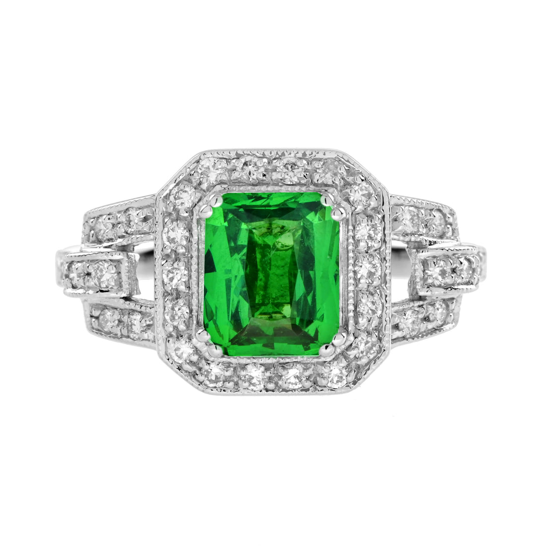 Radiant Shape Green Tsavorite & Diamond Art Deco Style Halo 18K White Gold Ring