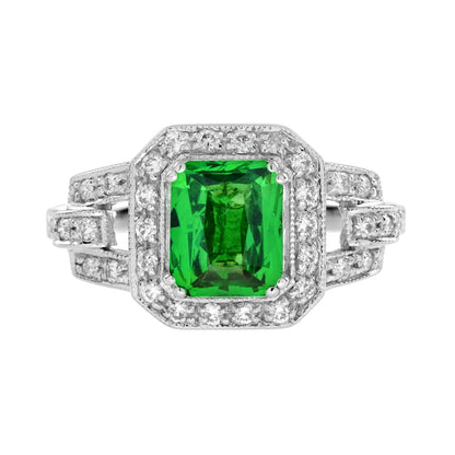 Radiant Shape Green Tsavorite & Diamond Art Deco Style Halo 18K White Gold Ring
