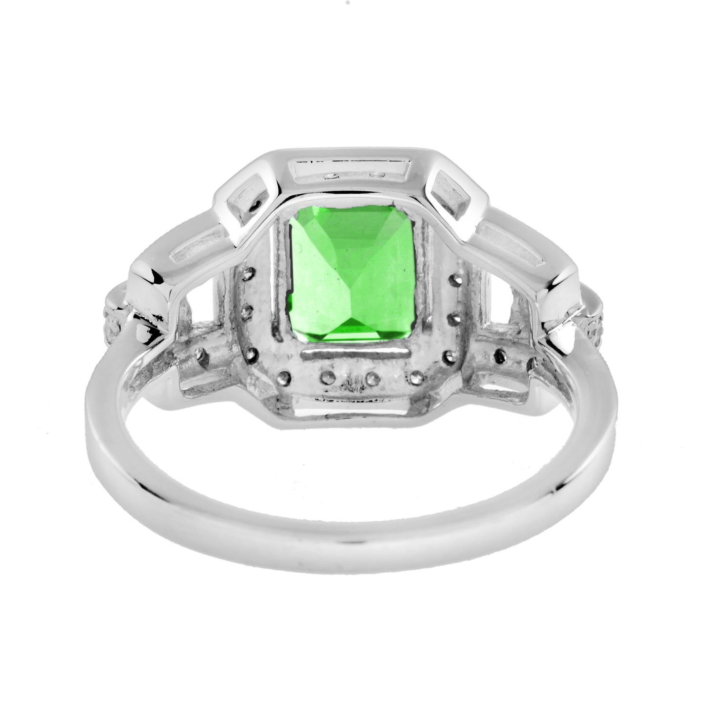 radiant shape green tsavorite & diamond art deco style halo 18k white gold ring