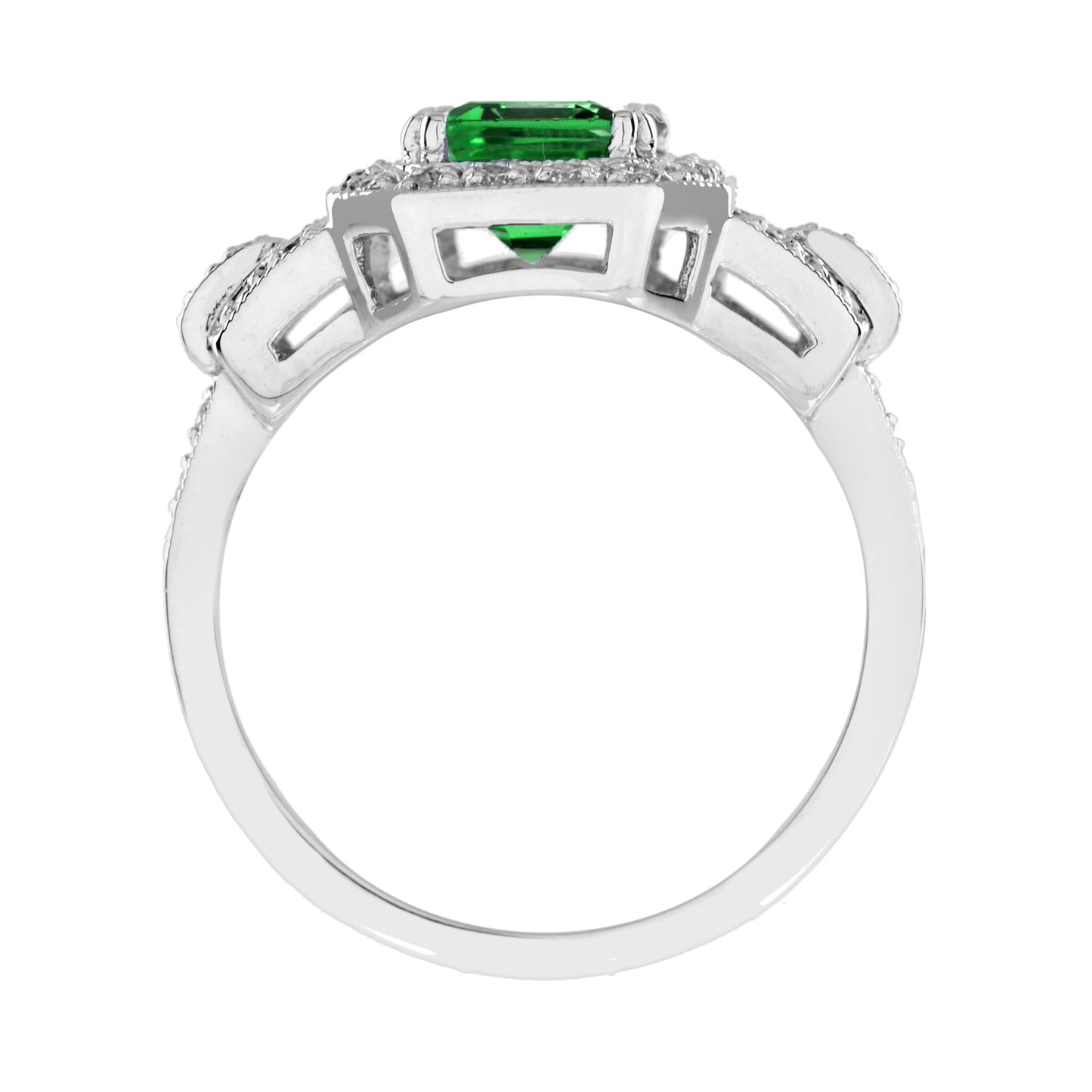 radiant shape green tsavorite & diamond art deco style halo 18k white gold ring