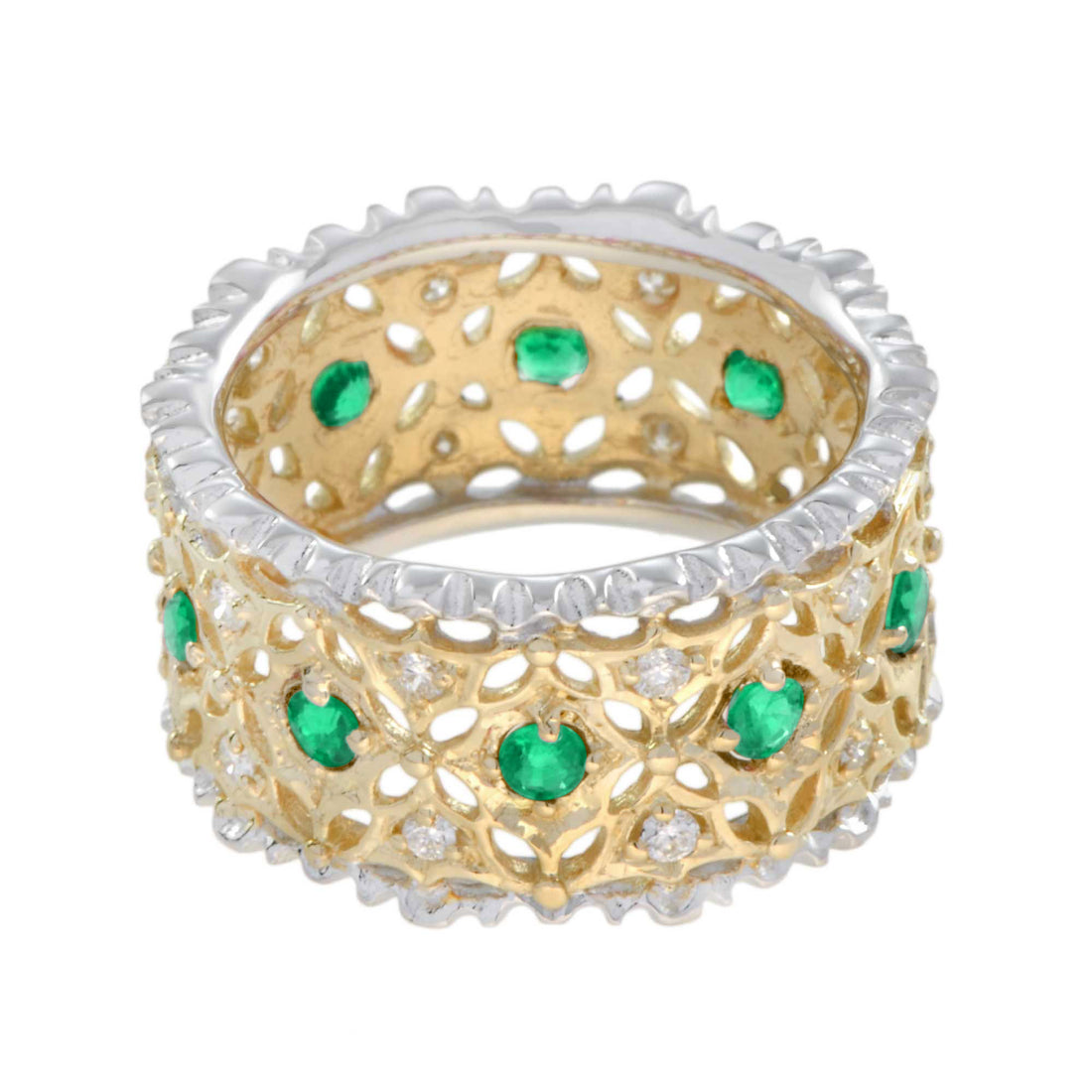 Emerald &amp; Diamond Edwardian Style Wide Band Two Tone Gold Ring