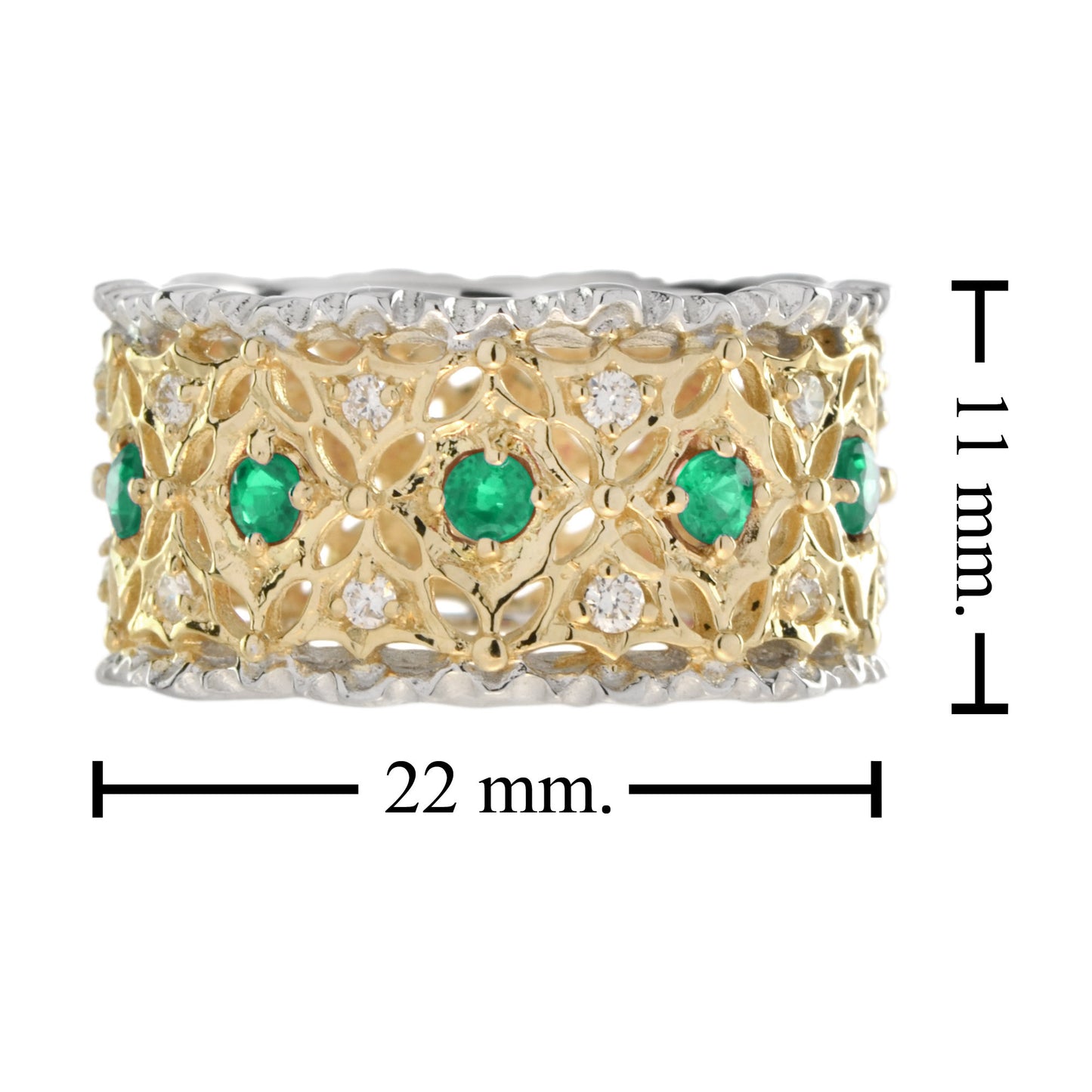 emerald & diamond edwardian style wide band two tone gold ring