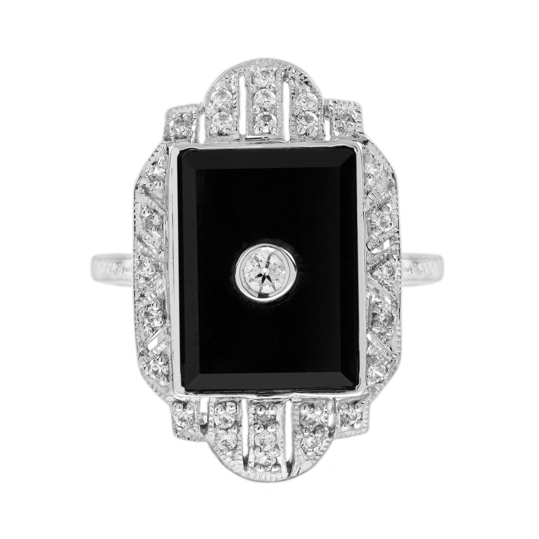Diamond & Black Onyx Art Deco Style Dinner 14K White Gold Ring