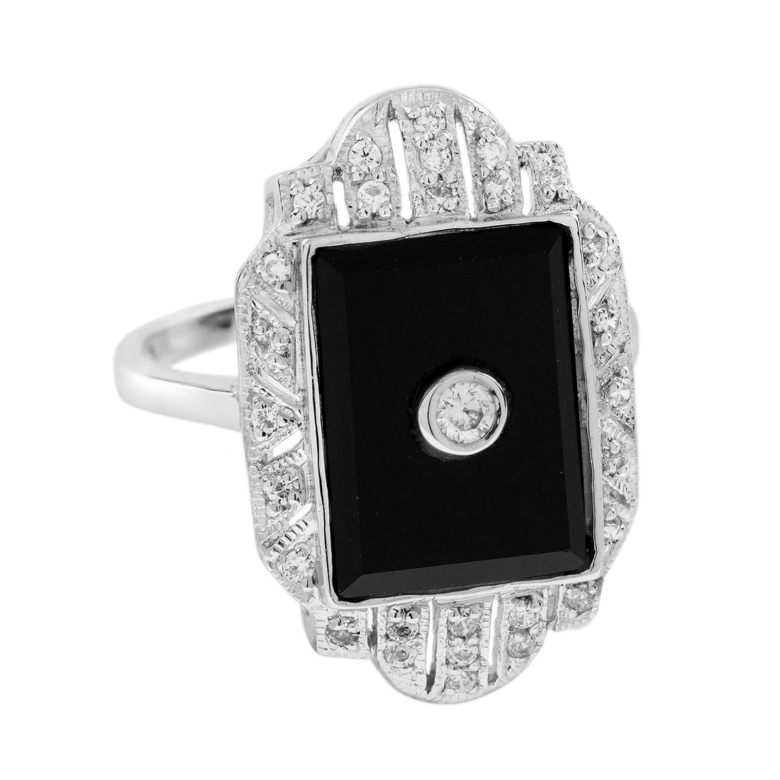 Diamond &amp; Black Onyx Art Deco Style Dinner 14K White Gold Ring