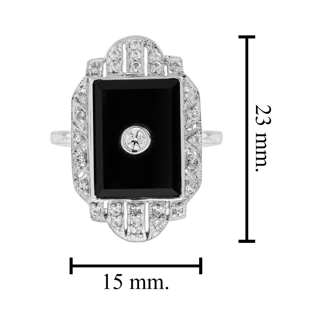 Diamond & Black Onyx Art Deco Style Dinner 14K White Gold Ring
