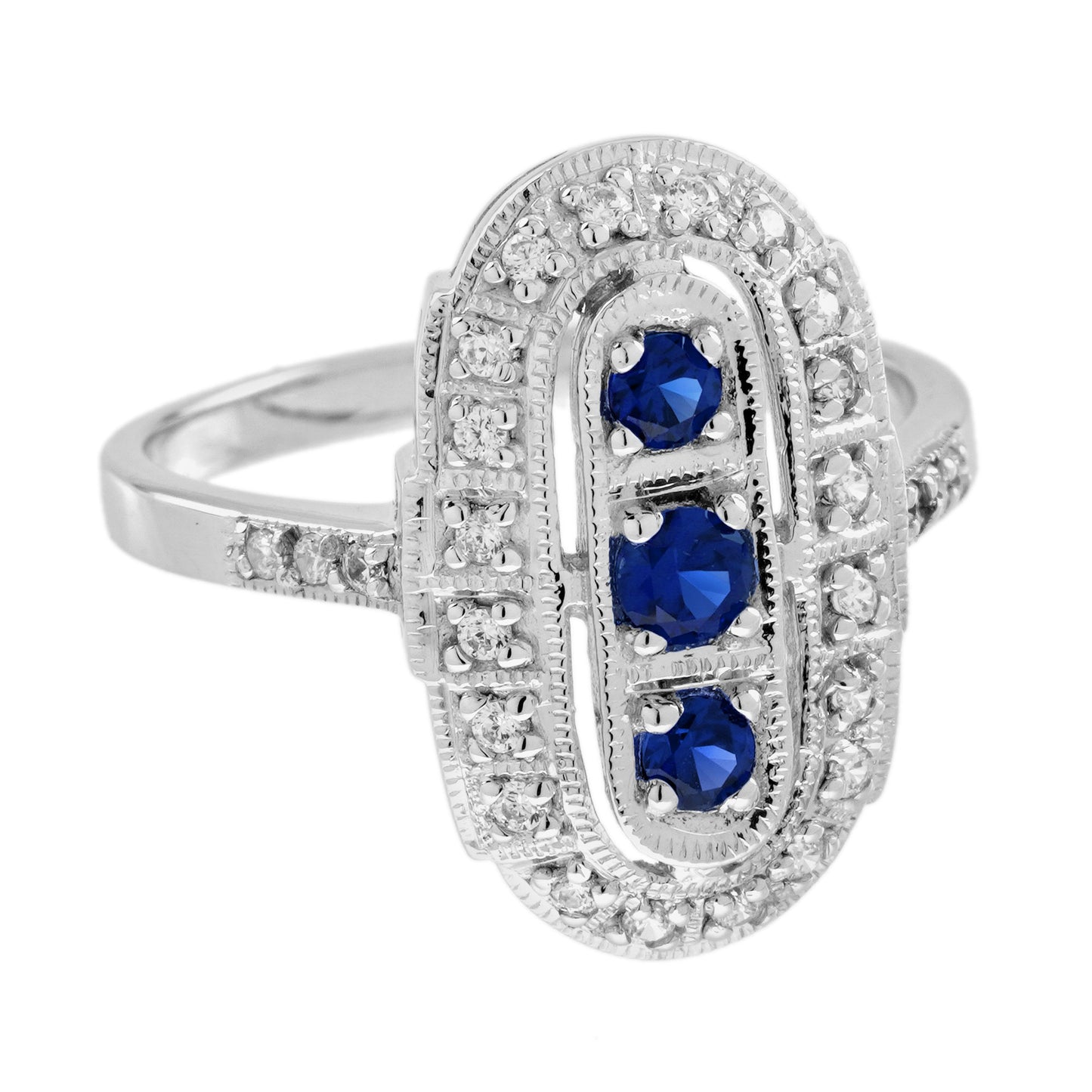blue sapphire & diamond art deco style three stone vintage inspired ring