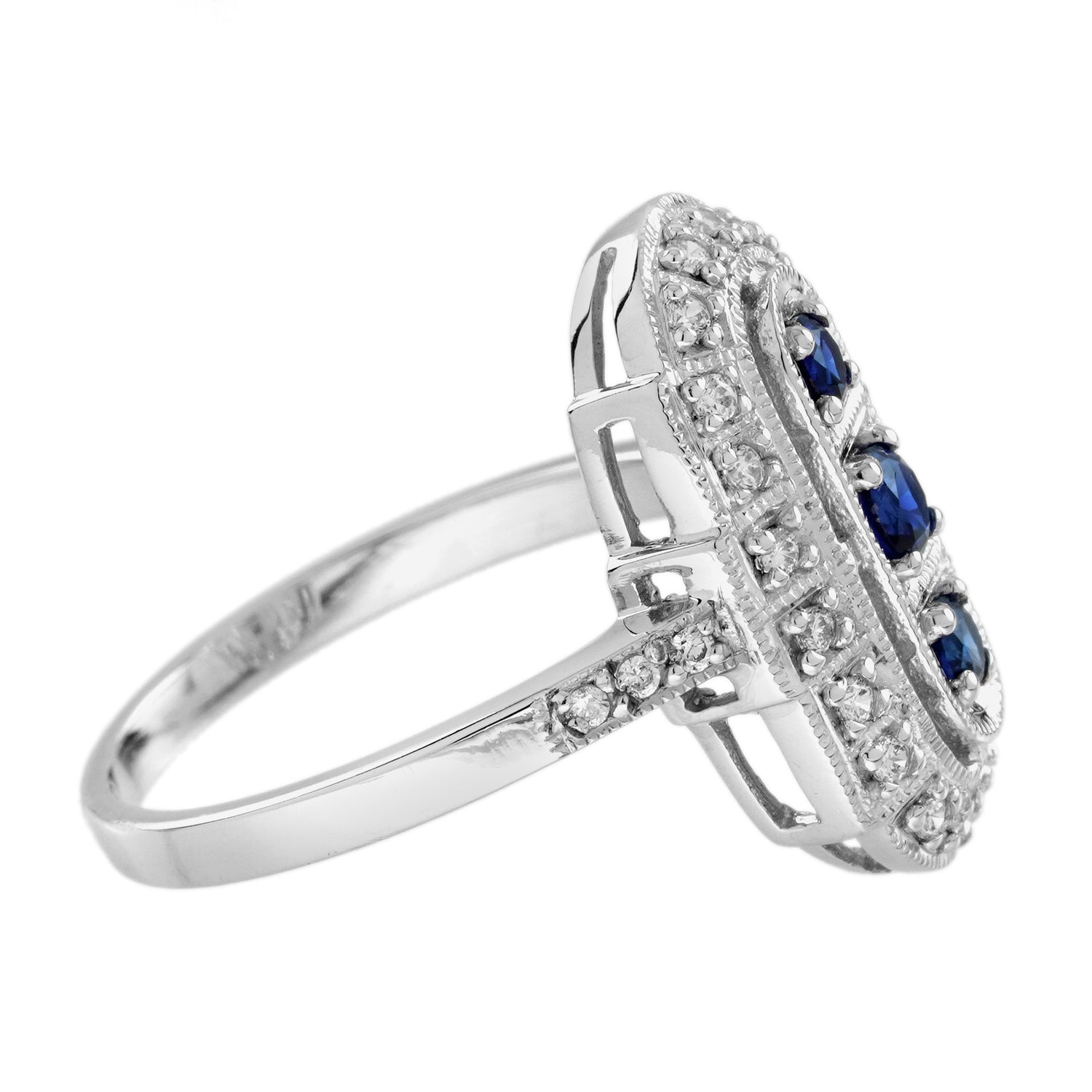 Blue Sapphire &amp; Diamond Art Deco Style Three Stone Vintage Inspired Ring