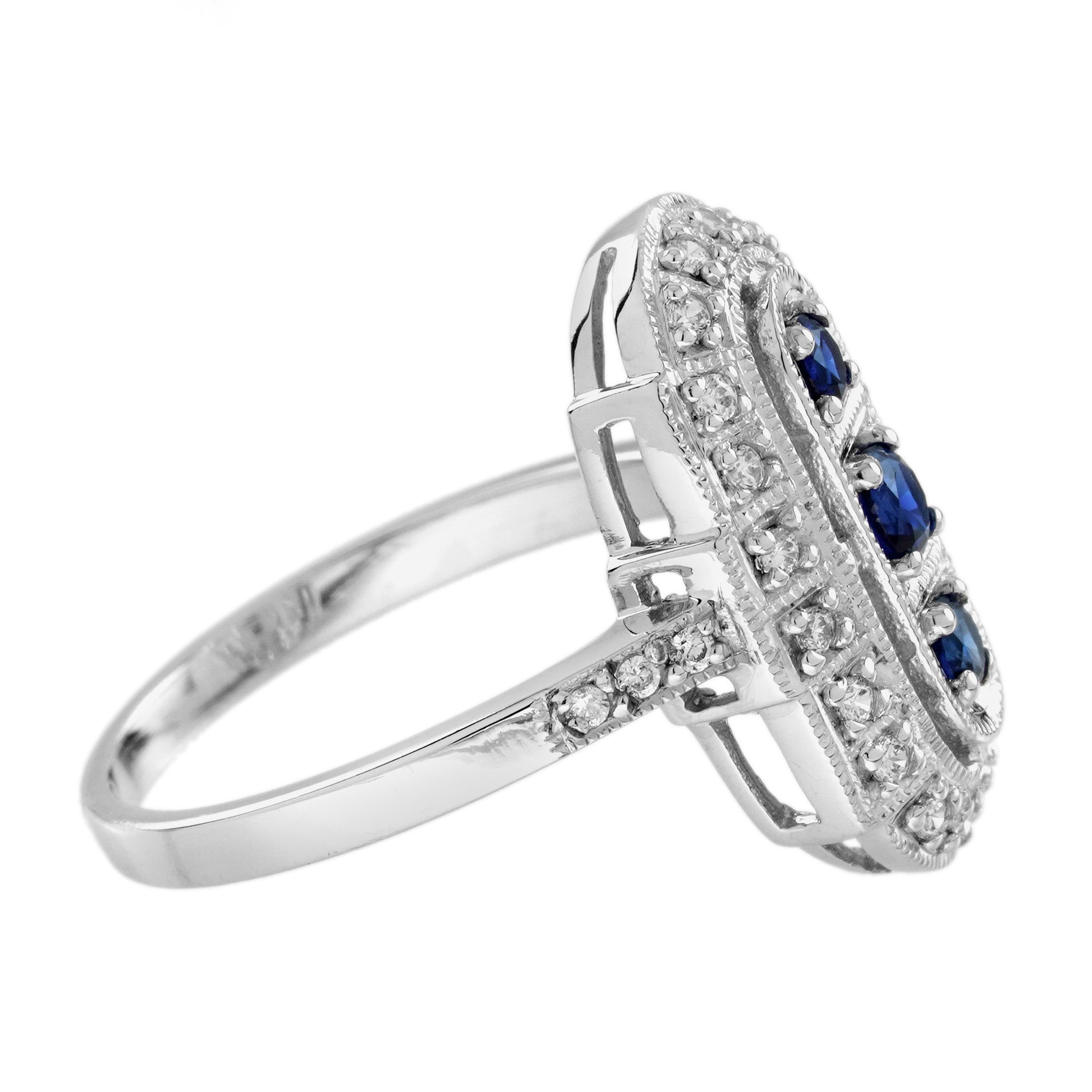 Blue Sapphire & Diamond Art Deco Style Three Stone Vintage Inspired Ring